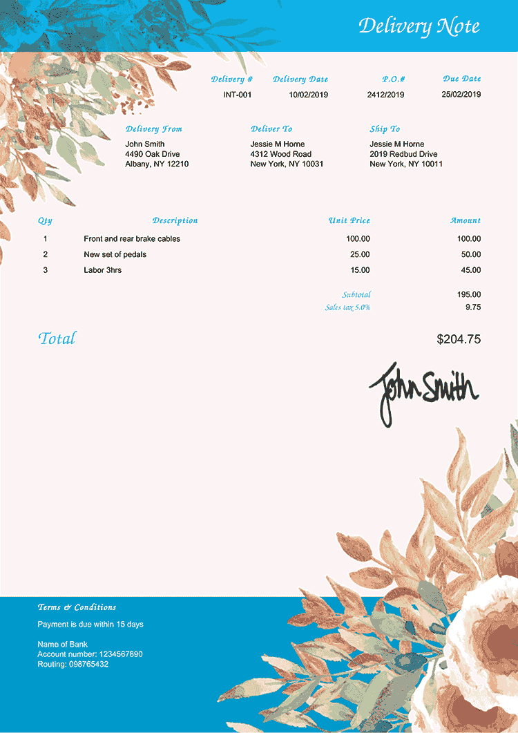 Delivery Note Template En Blooming Blue 