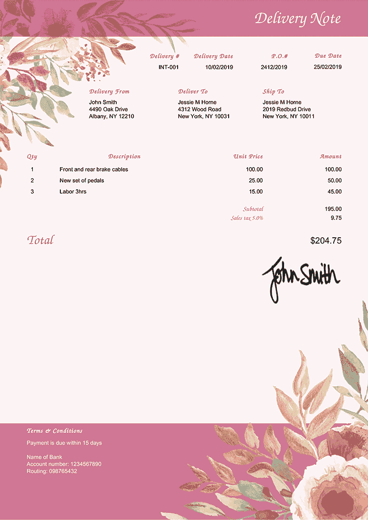 Delivery Note Template En Blooming Rose 