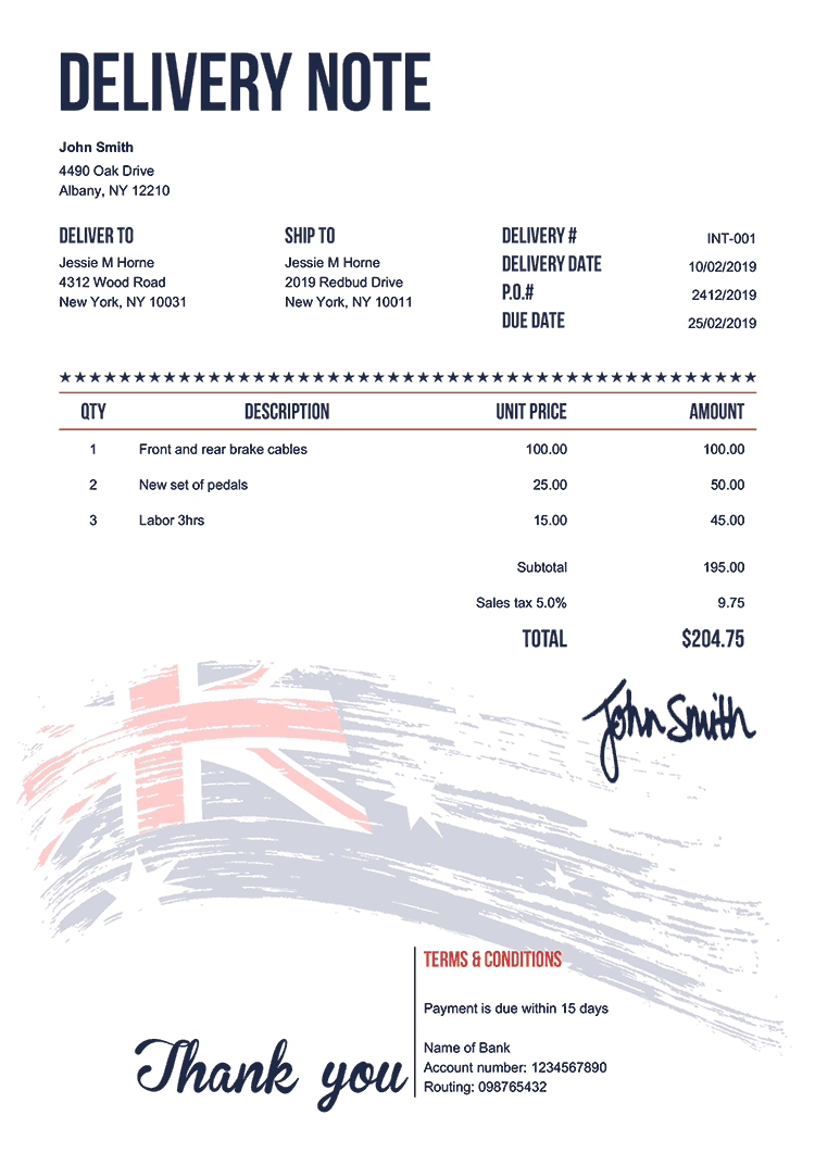 Delivery Note Template En Flag Of Australia 