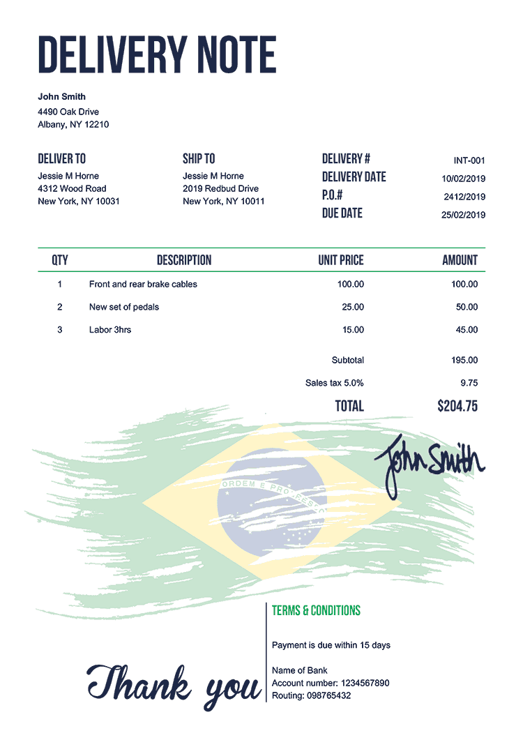 Delivery Note Template En Flag Of Brazil 