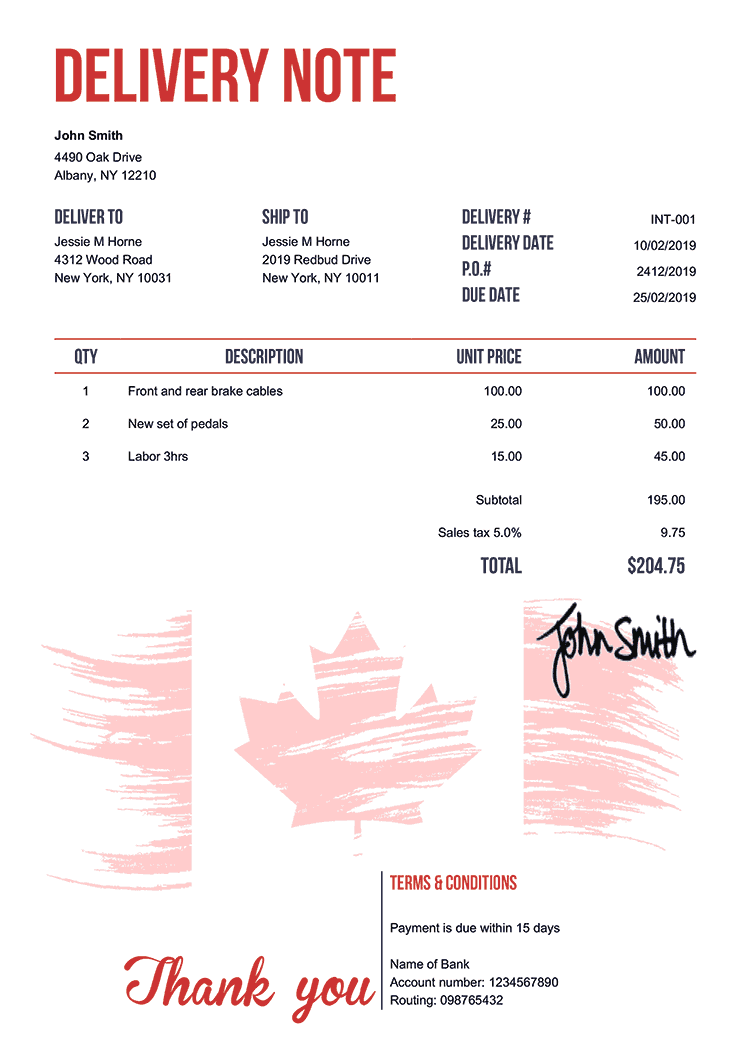 Delivery Note Template En Flag Of Canada 