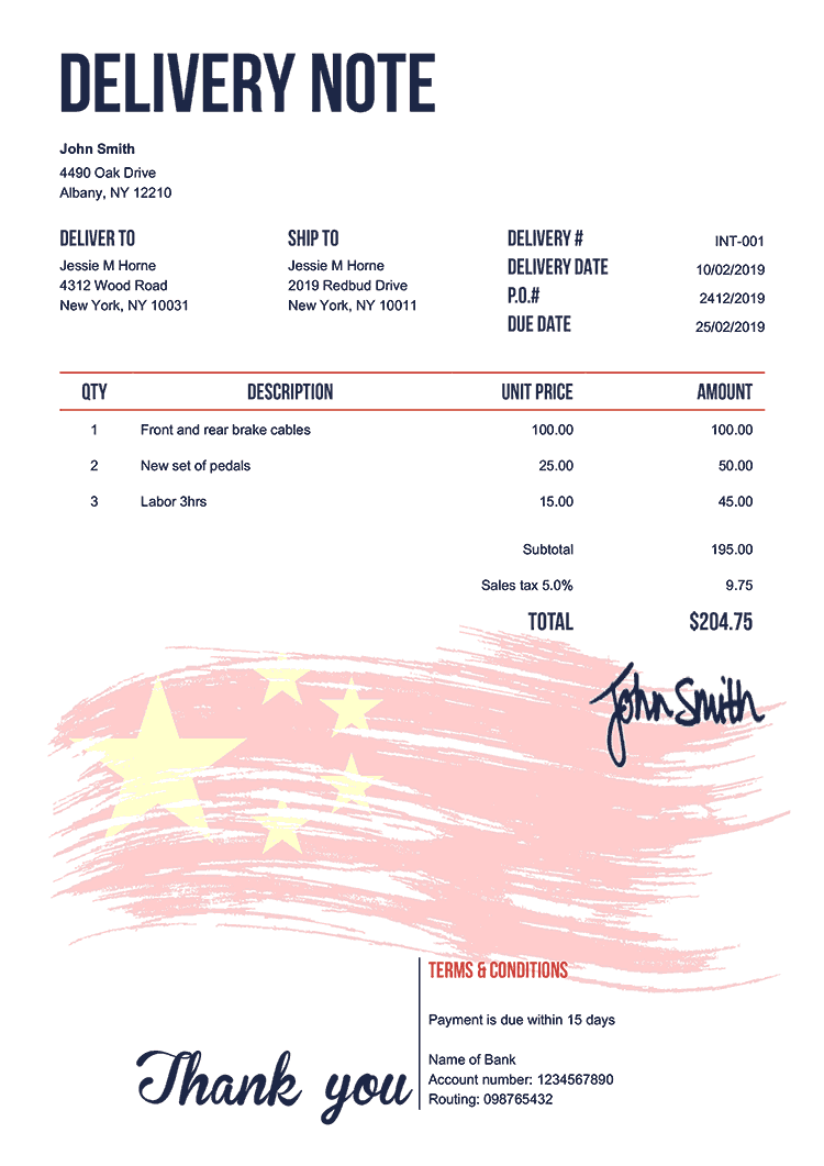 Delivery Note Template En Flag Of China 