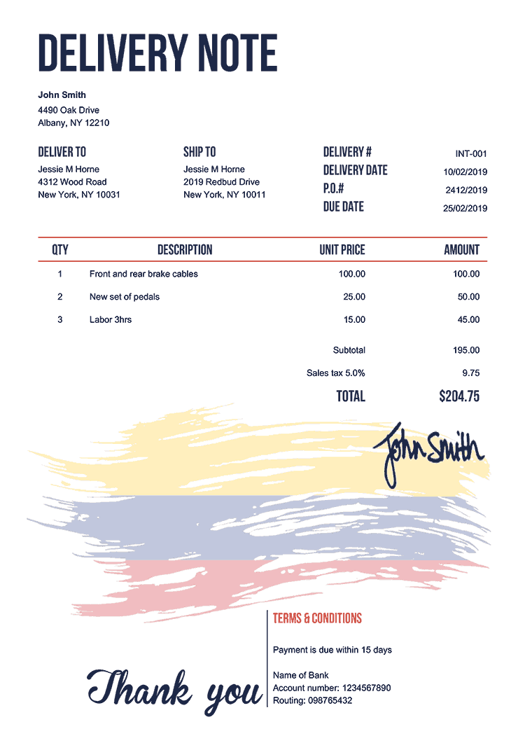 Delivery Note Template En Flag Of Colombia 