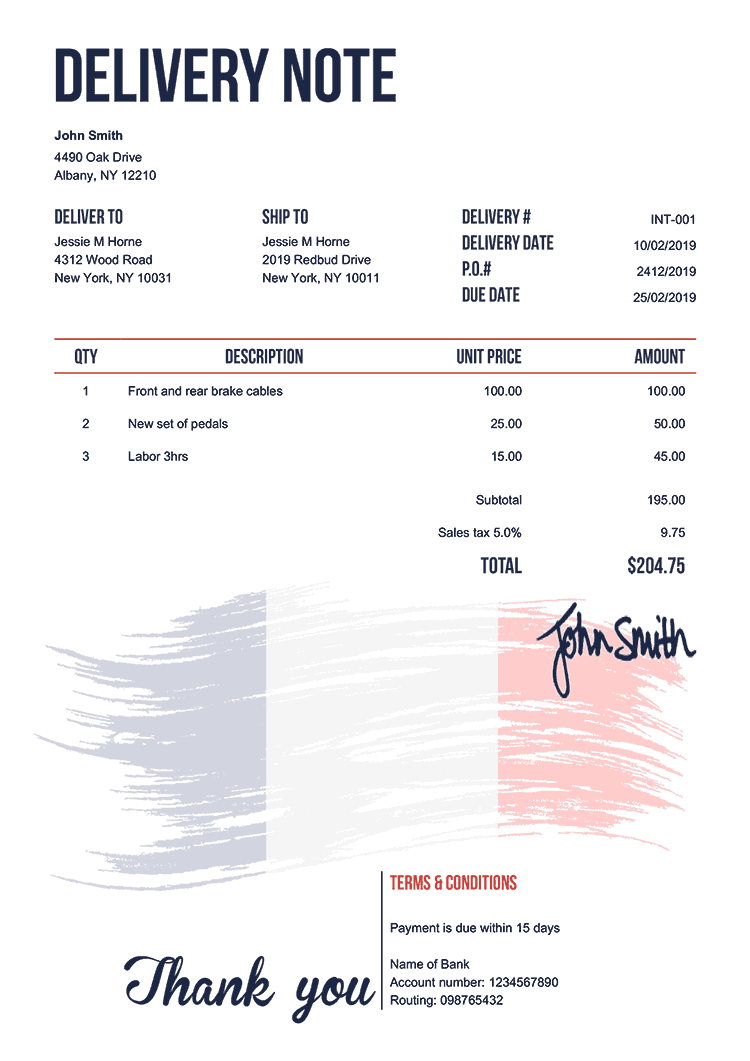 Delivery Note Template En Flag Of France 