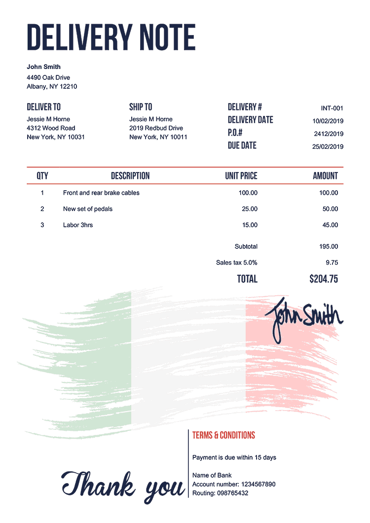 Delivery Note Template En Flag Of Italy 