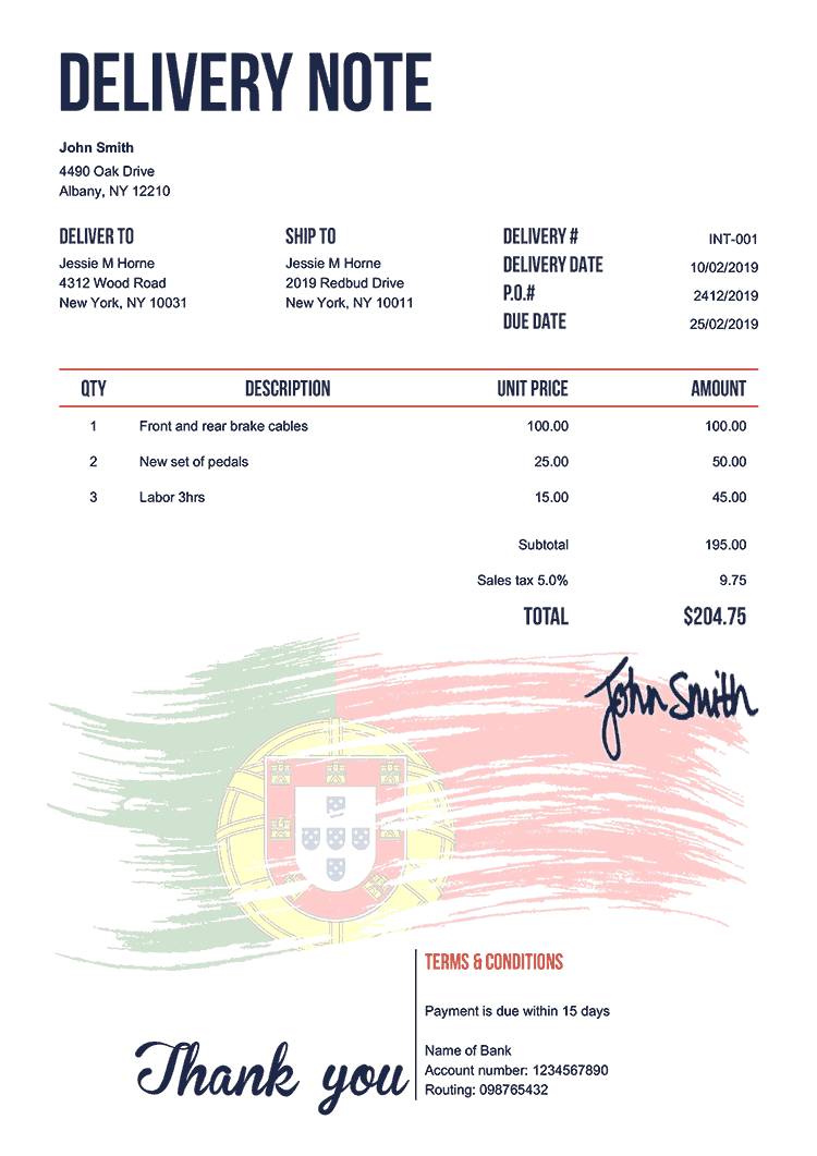 Delivery Note Template En Flag Of Portugal 