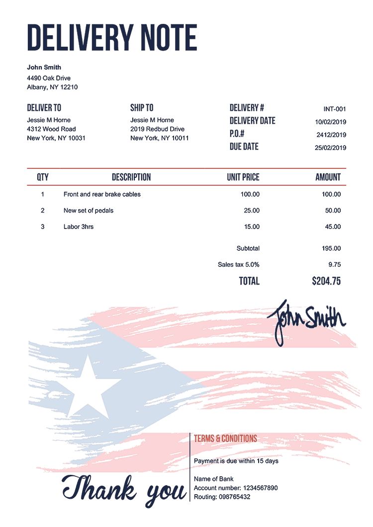 Delivery Note Template En Flag Of Puerto Rico 