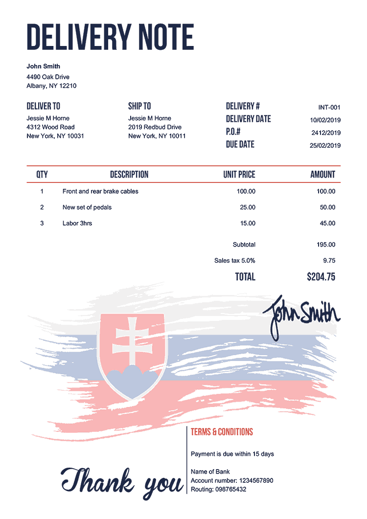 Delivery Note Template En Flag Of Slovakia 