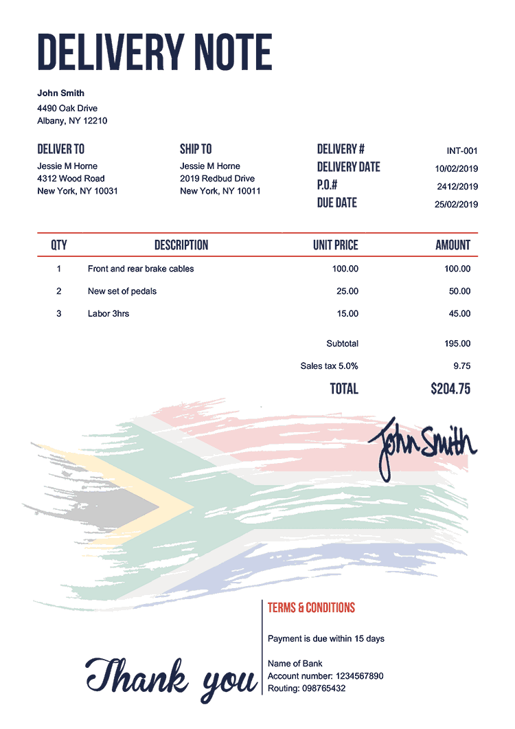Delivery Note Template En Flag Of South Africa 