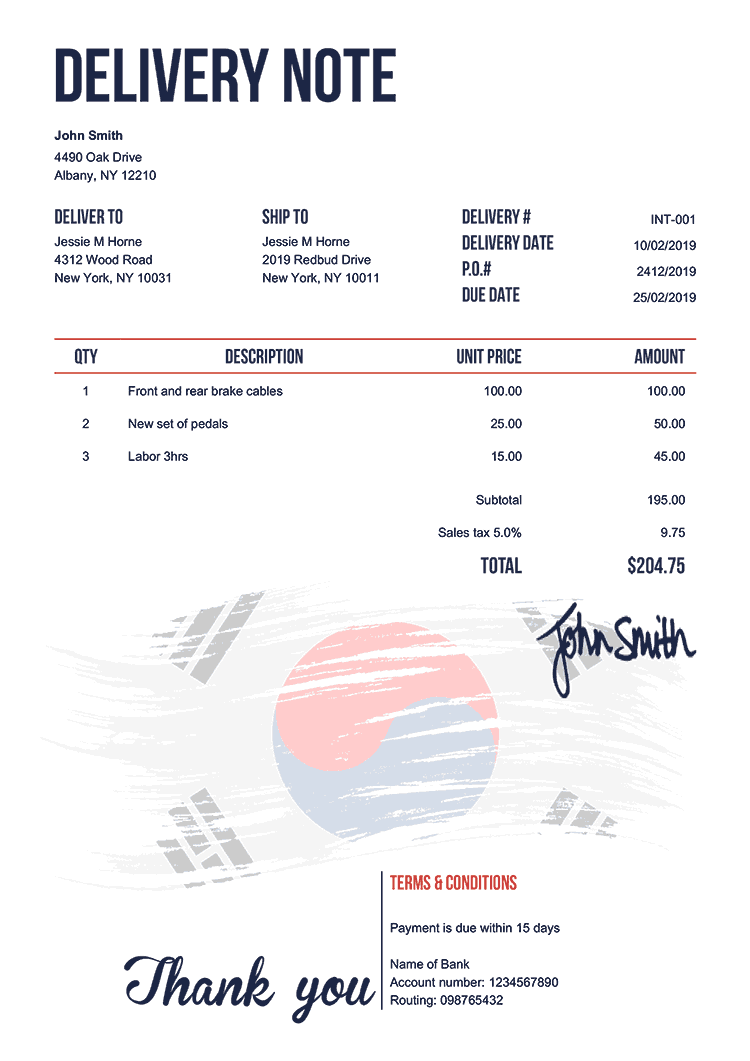 Delivery Note Template En Flag Of South Korea 