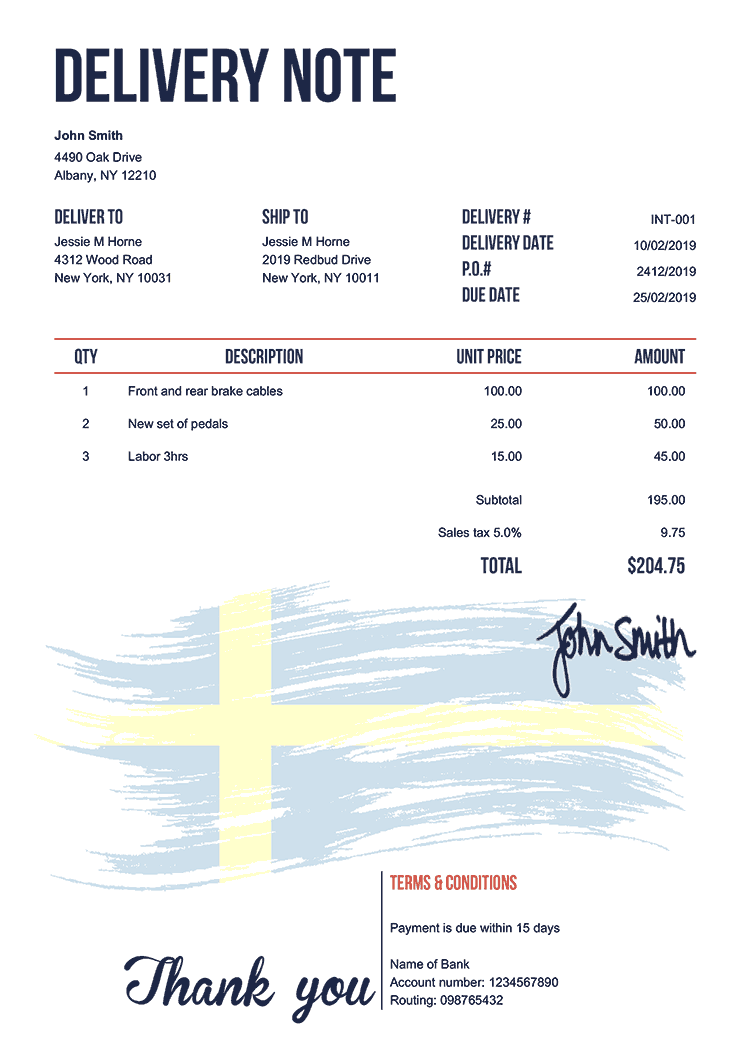 Delivery Note Template En Flag Of Sweden 