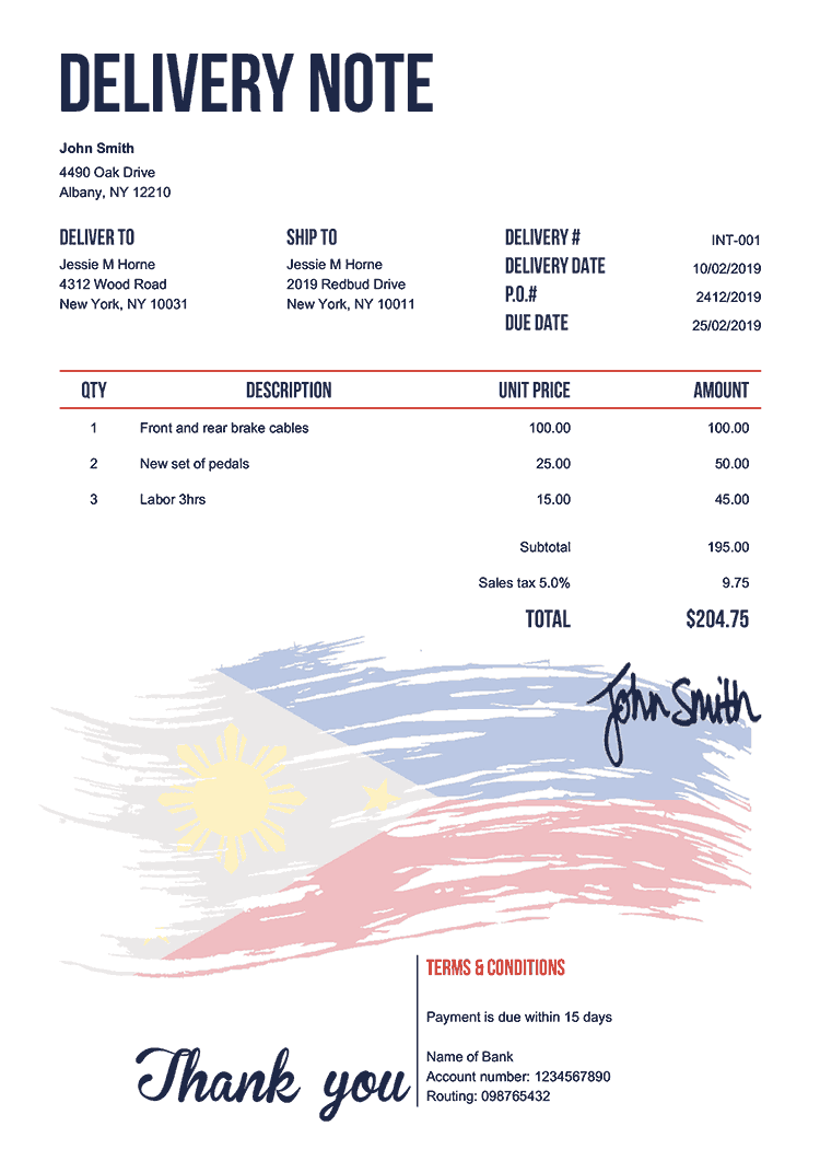 Delivery Note Template En Flag Of The Philippines 