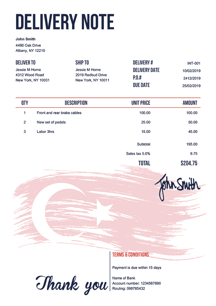 Delivery Note Template En Flag Of Turkey 