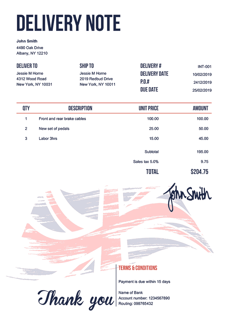Delivery Note Template En Flag Of United Kingdom 