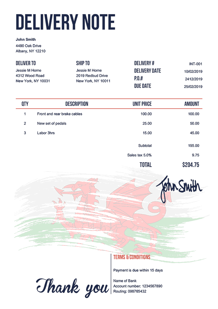 Delivery Note Template En Flag Of Wales 