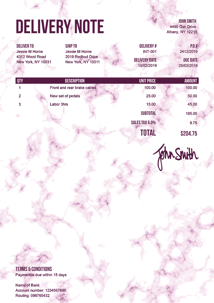 Delivery Note Template En Marble Pink 