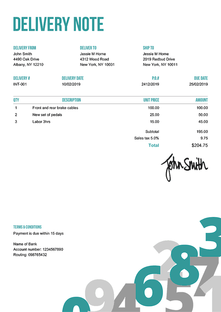 Delivery Note Template En Numbers Teal 