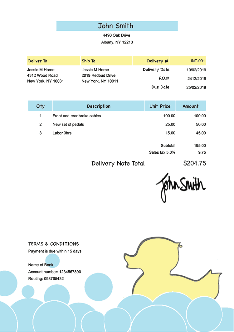 Delivery Note Template En Yellow Duck 
