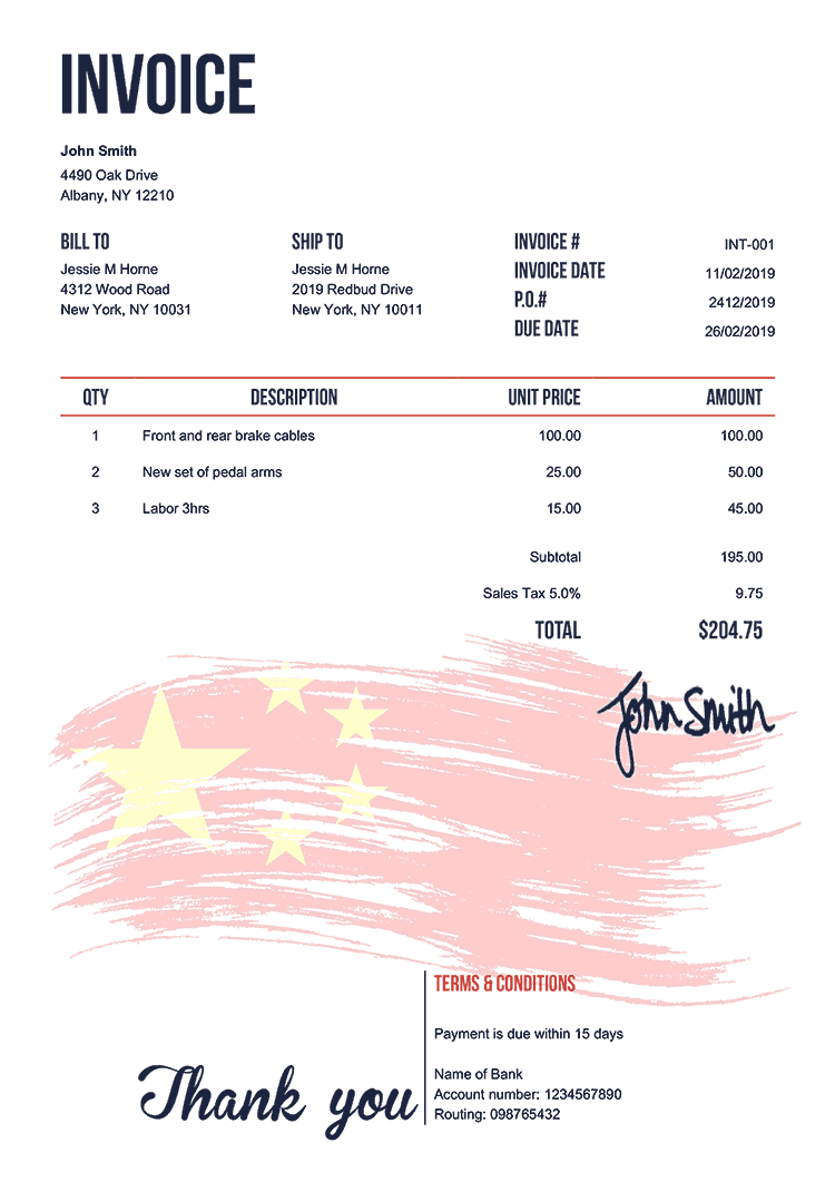 Invoice Template En Flag Of China 