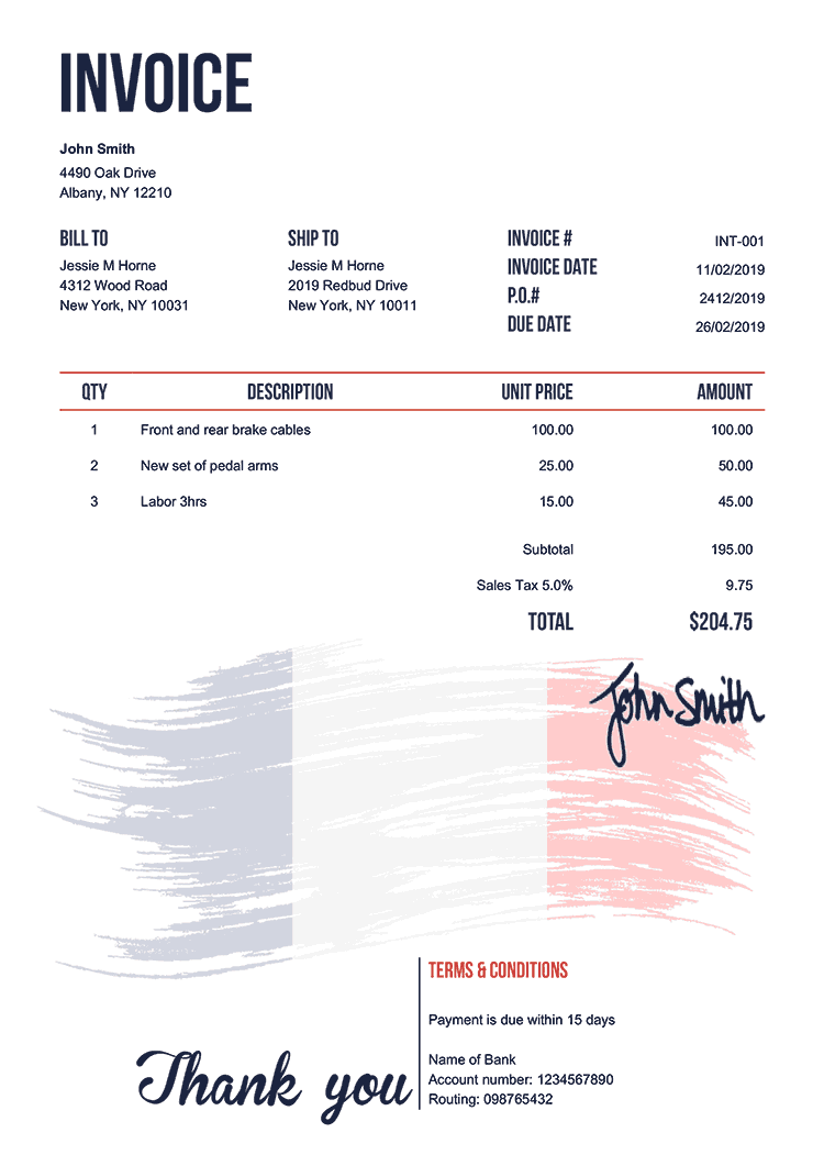 Invoice Template En Flag Of France 