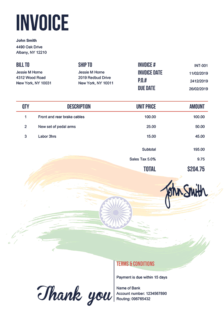 Invoice Template En Flag Of India 