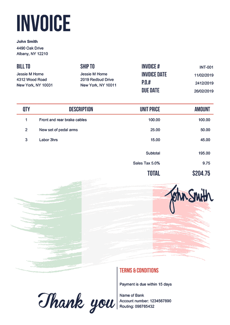 Invoice Template En Flag Of Italy 