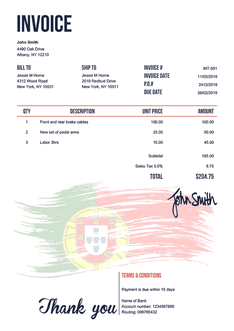 Invoice Template En Flag Of Portugal 