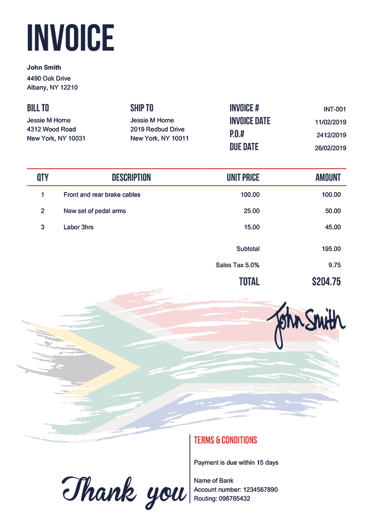 Invoice Template En Flag Of South Africa 