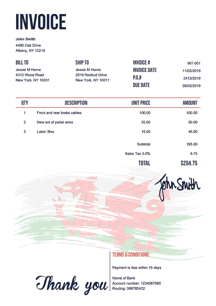 Invoice Template En Flag Of Wales 
