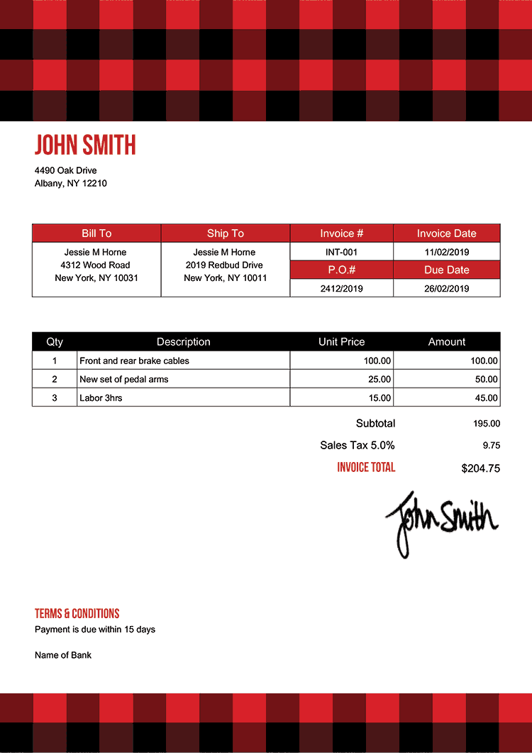 Invoice Template En Plaid Red 